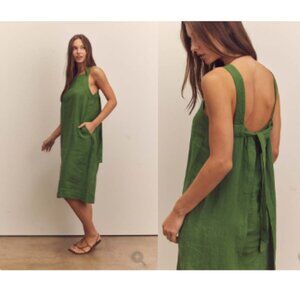 Amente Back Tied Green Linen Midi Dress